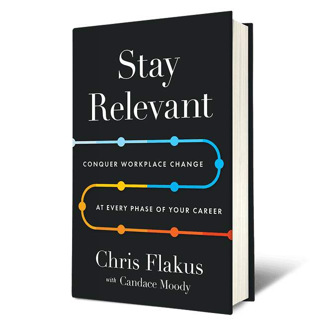 Book cover of Stay Relevant: Conquer Workplace Change at Every Phase of Your Career by Chris Flakus with Candace Moody, featuring a minimalist design with blue, yellow, and orange pathway lines on a black background.