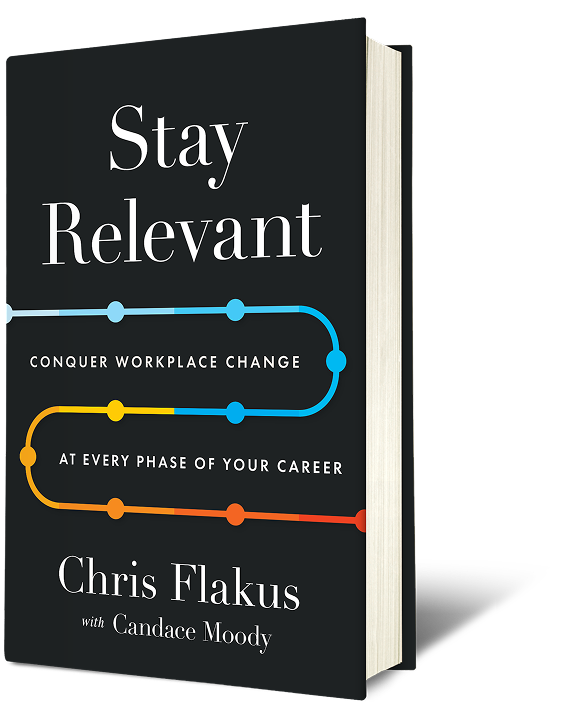 Book cover of Stay Relevant: Conquer Workplace Change at Every Phase of Your Career by Chris Flakus with Candace Moody, featuring a minimalist design with blue, yellow, and orange pathway lines on a black background.
